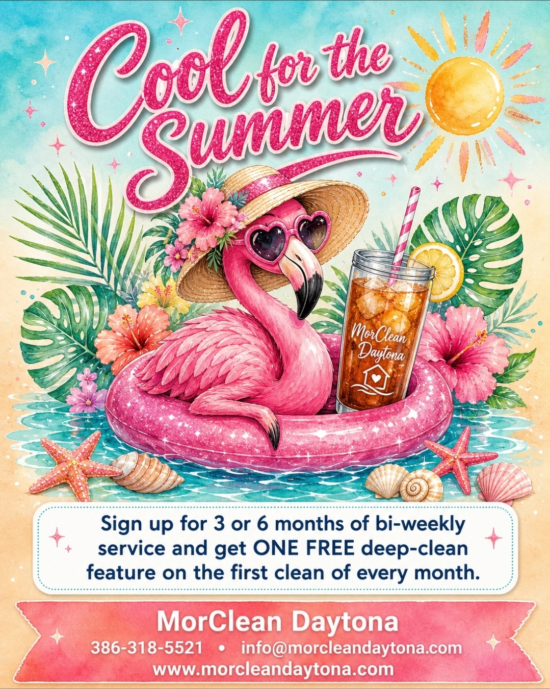 Cool for the Summer promotional poster with flamingo floatie and tropical flowers