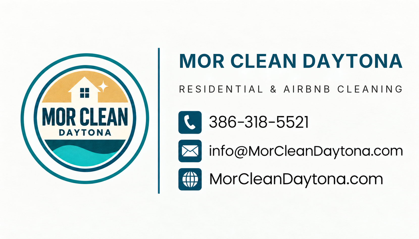 Mor Clean Daytona contact card — call 386-318-5521, email info@MorCleanDaytona.com, or visit MorCleanDaytona.com for residential and Airbnb cleaning across Volusia County
