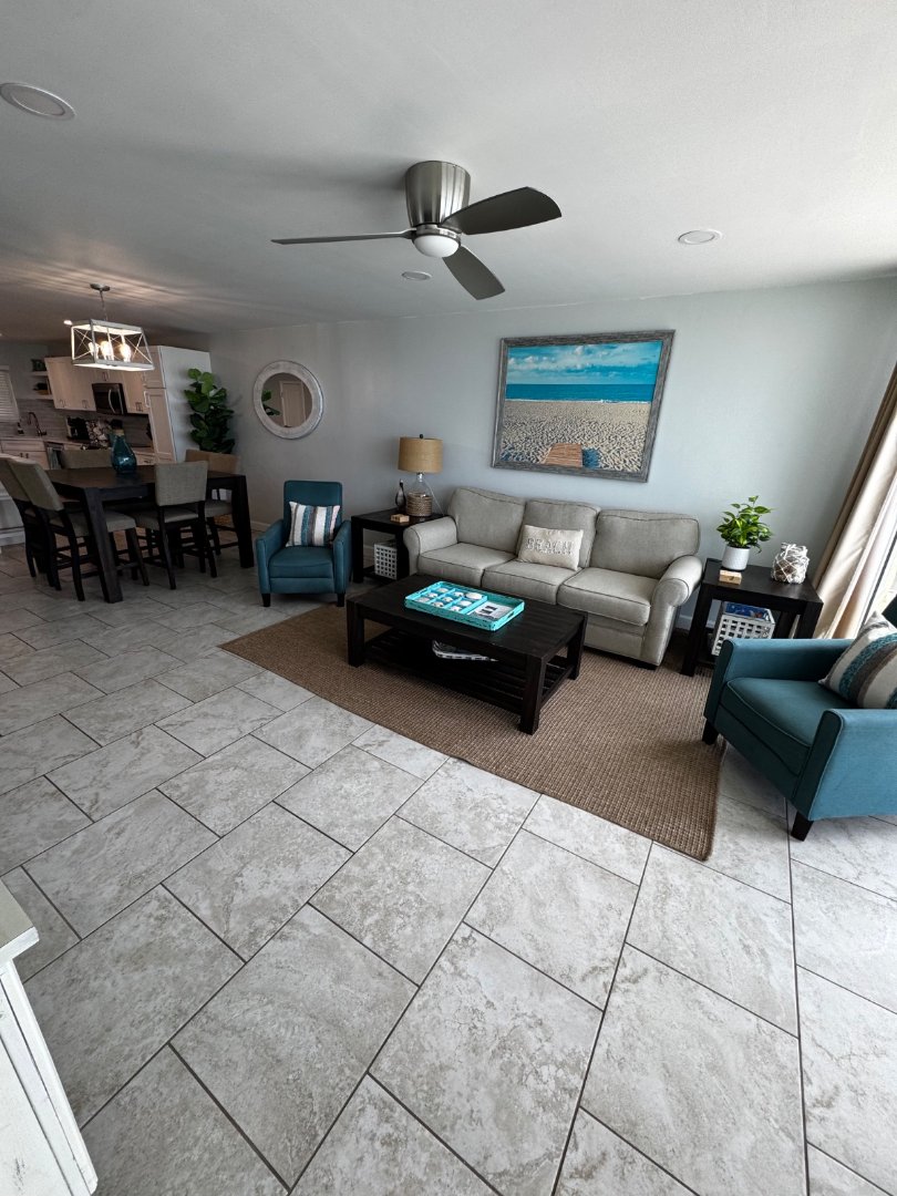 Spotless beach condo open living and dining area cleaned by MOR Clean Daytona