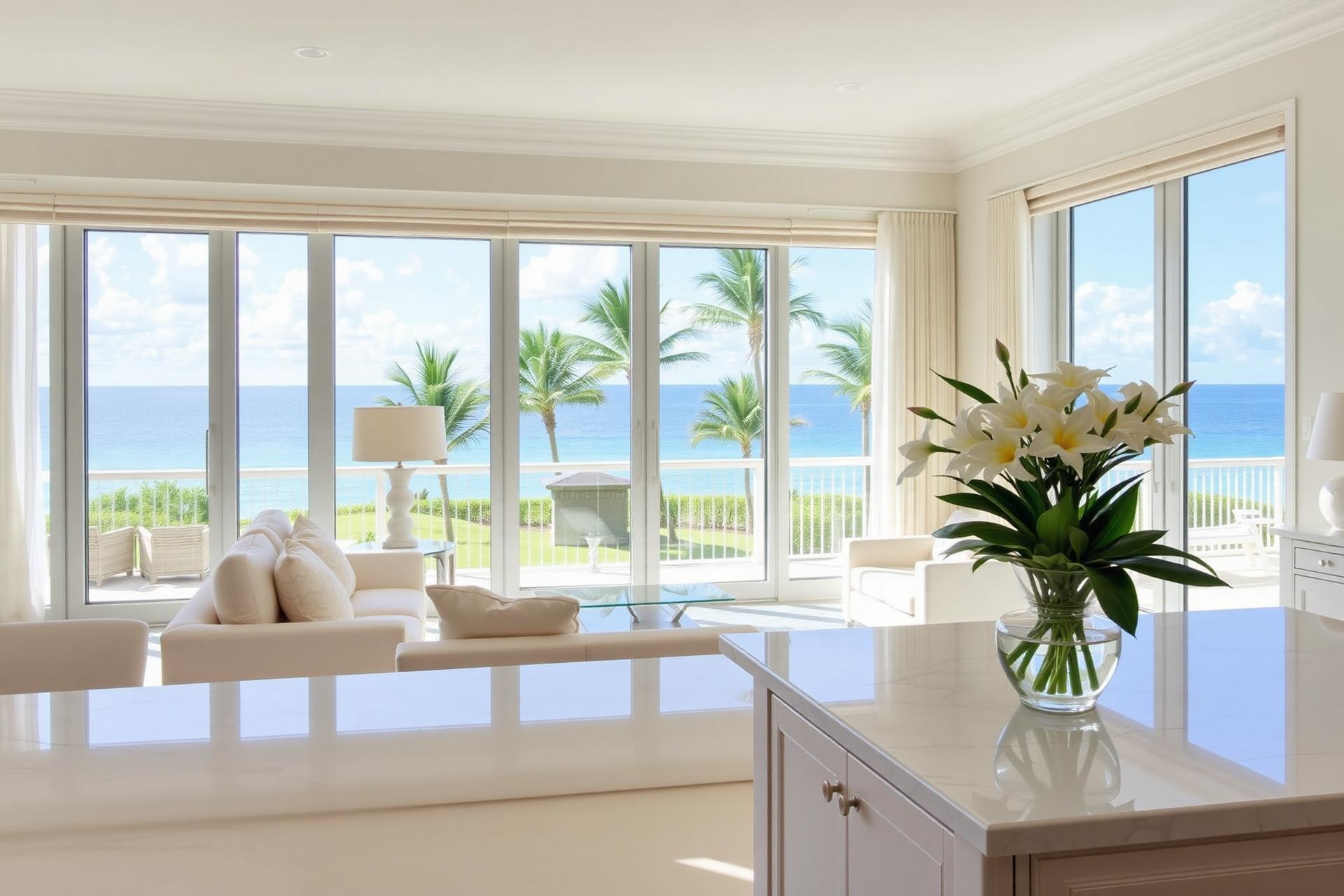 Bright coastal Florida living room with beach views