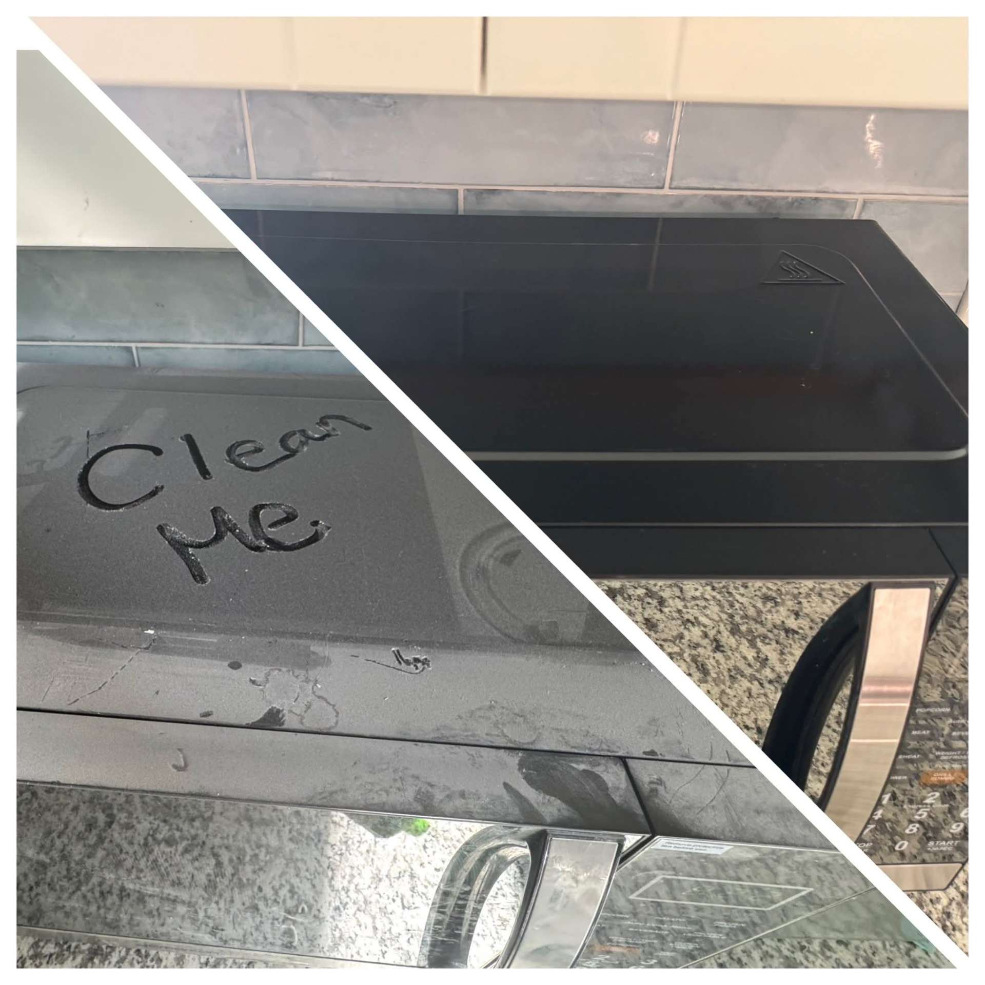 Microwave before and after — 'clean me' written in grease wiped to a streak-free shine by MOR Clean