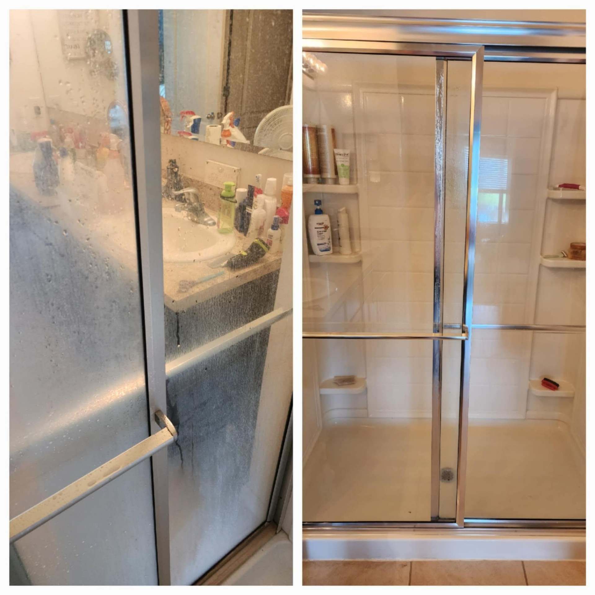 Daytona bathroom shower glass before and after — heavy soap scum cleared to crystal-clear glass by MOR Clean