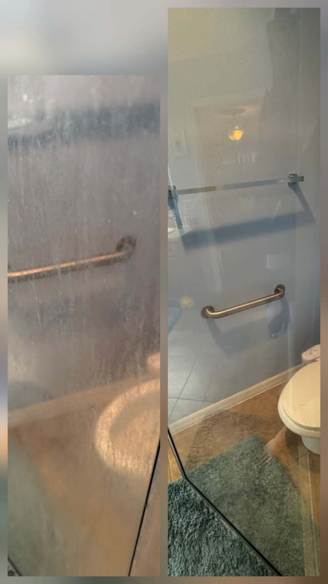 Bathroom grab bar and shower glass before and after deep cleaning by MOR Clean Daytona