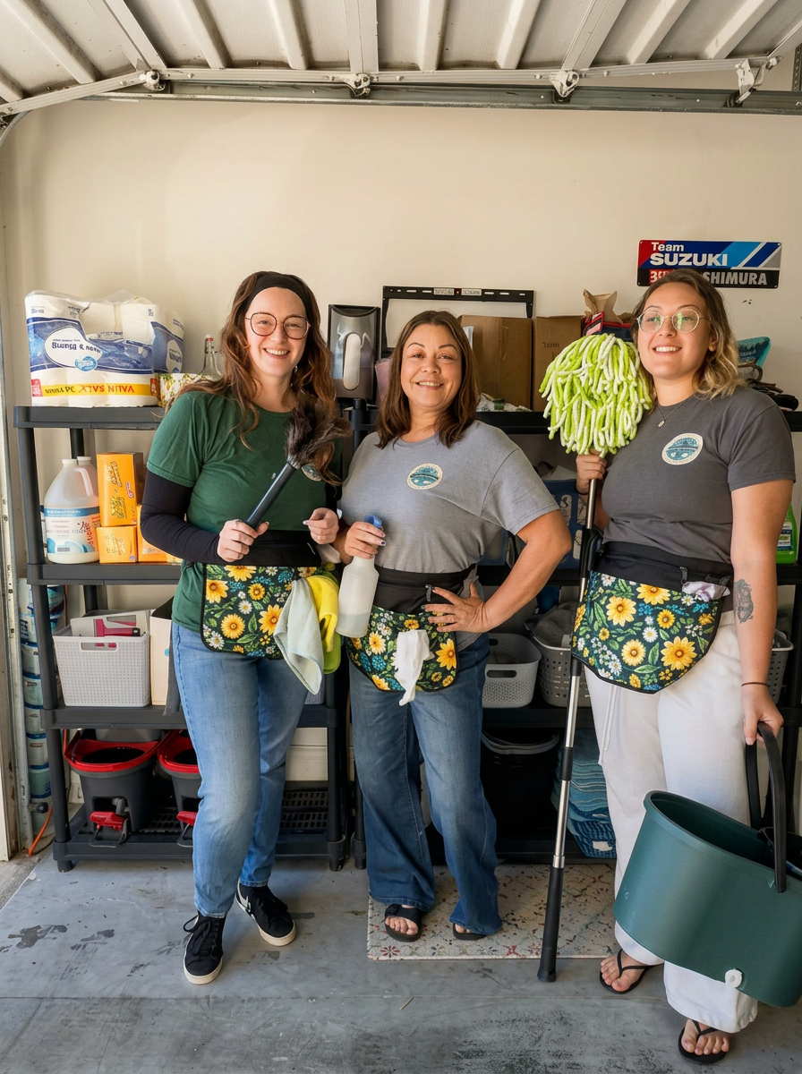 MOR Clean Daytona team in branded shirts and signature floral aprons with their professional cleaning supplies